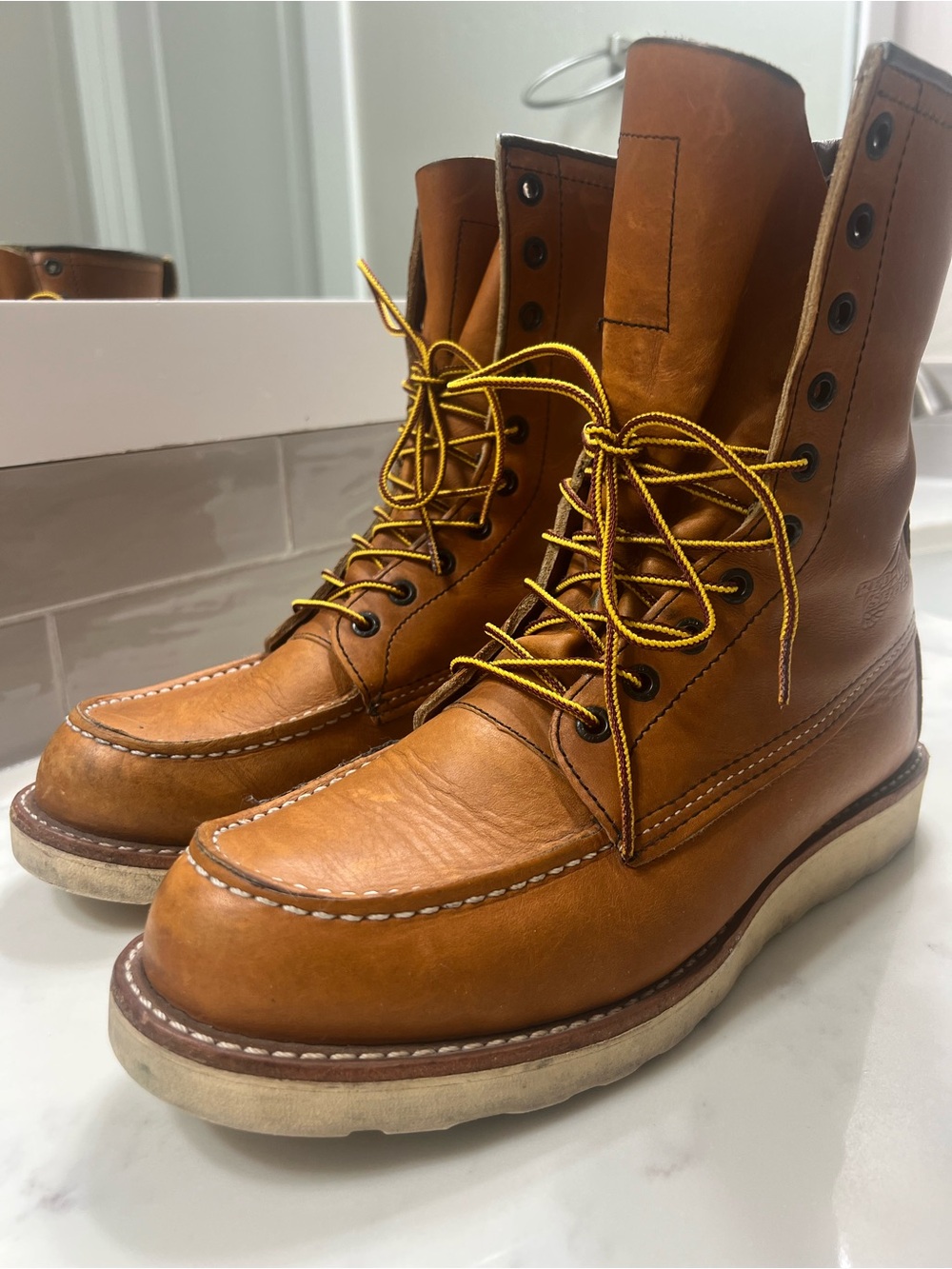 Red Wing Shoes Moc Toe Work Boots - Cognac Brown with Yellow Laces